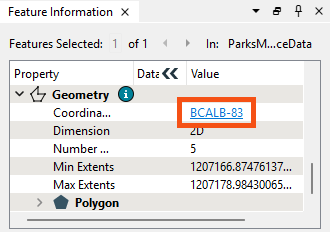 Viewing coordinate system information in the Feature Information Window